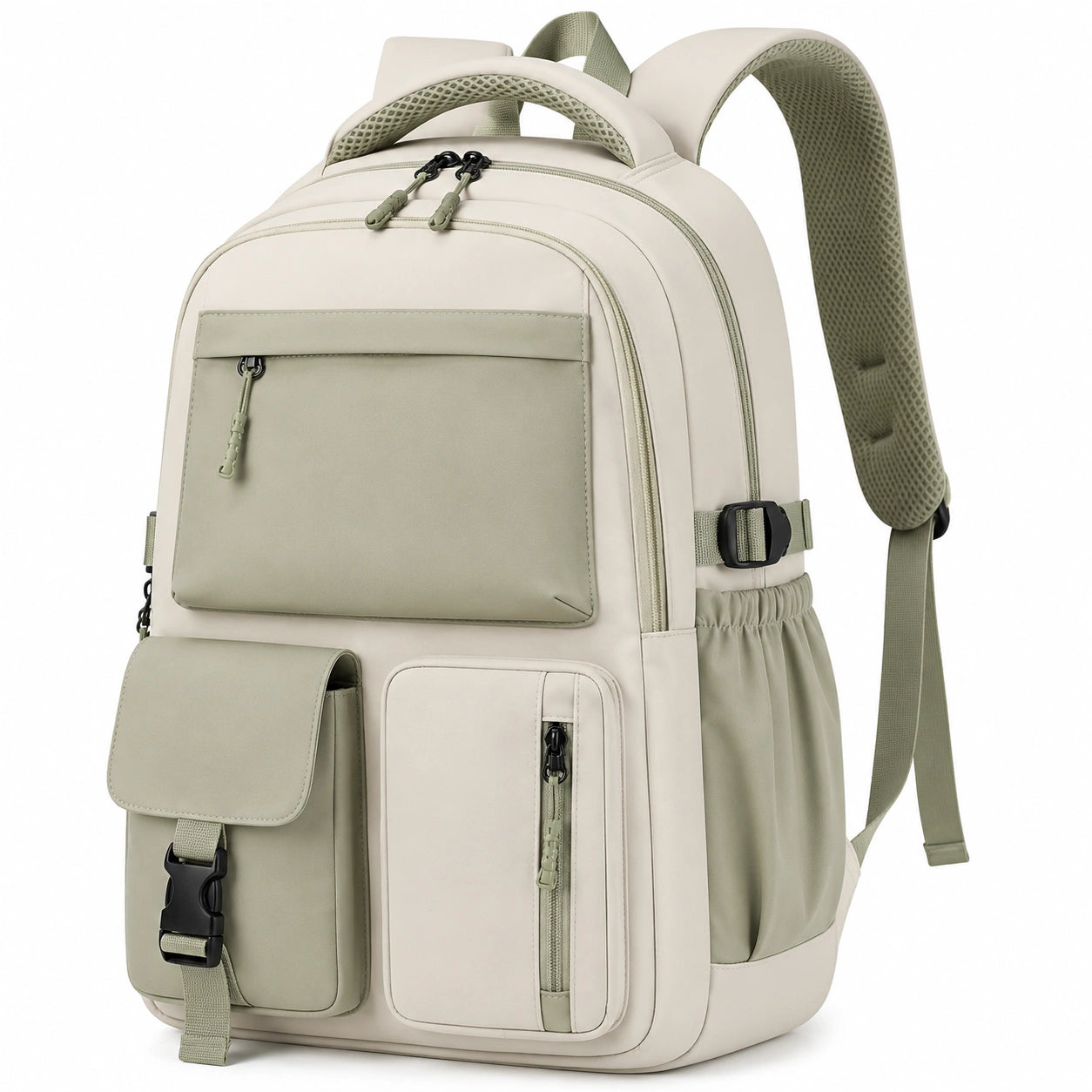 Grand sac à dos unisexe coloris beige et vert