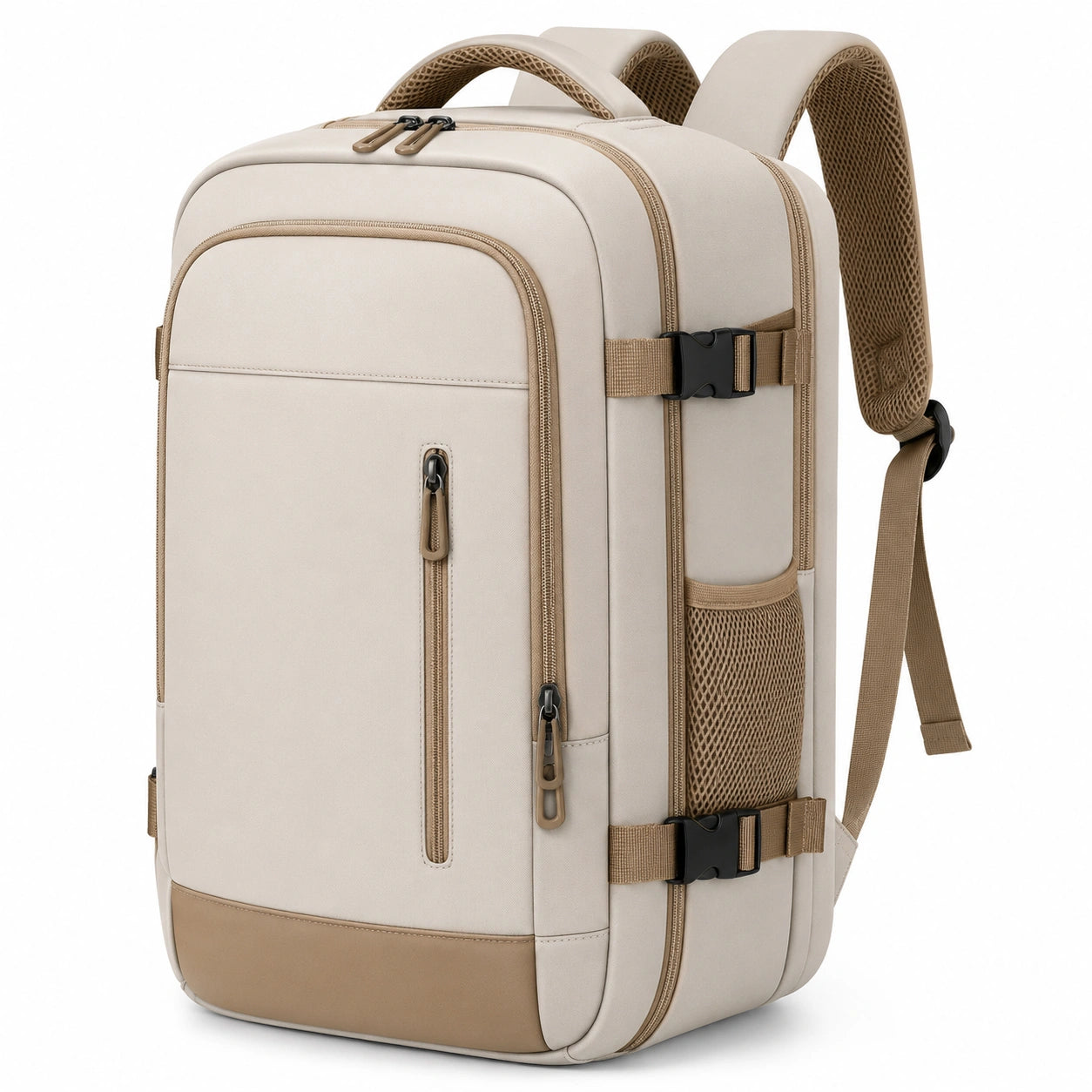 Sac à dos multifonction beige avec compartiments et fermetures éclair