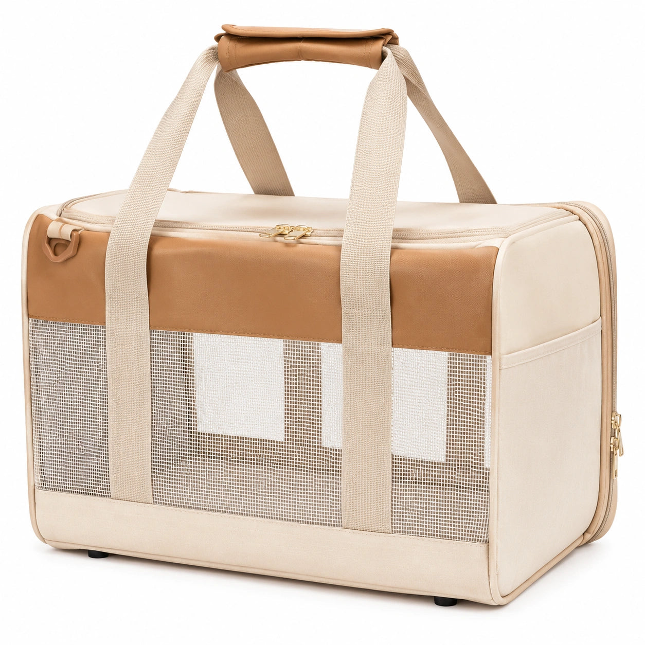 Sac de transport pour animaux beige et marron avec maillage respirant