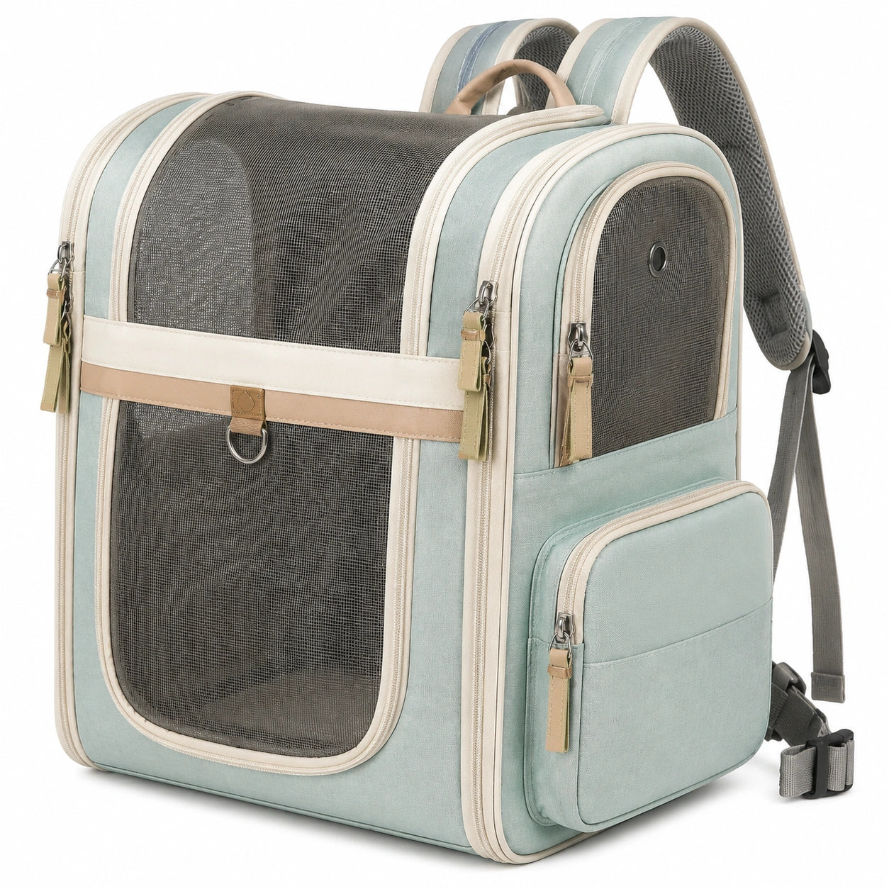Sac à dos ventilé pour animaux - Vert pastel et crème