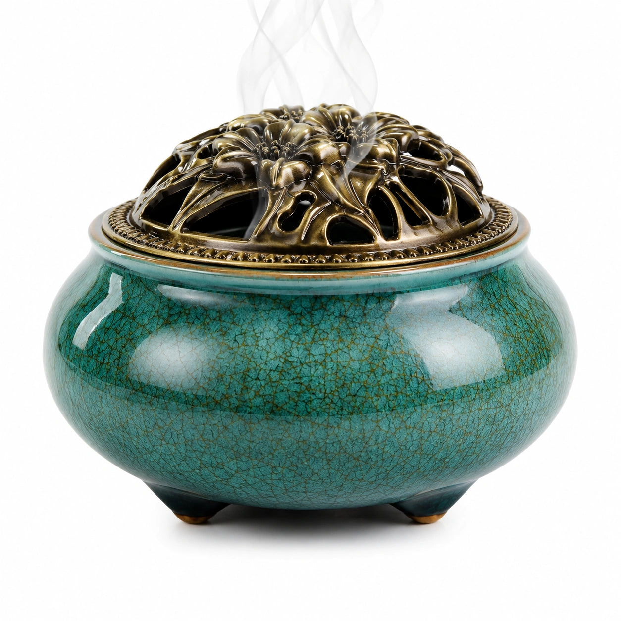 Brûleur d'Encens en Céramique Turquoise avec Motif Floral Doré