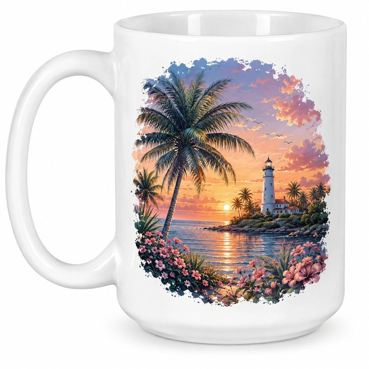 Grande tasse avec paysage tropical de coucher de soleil et phare