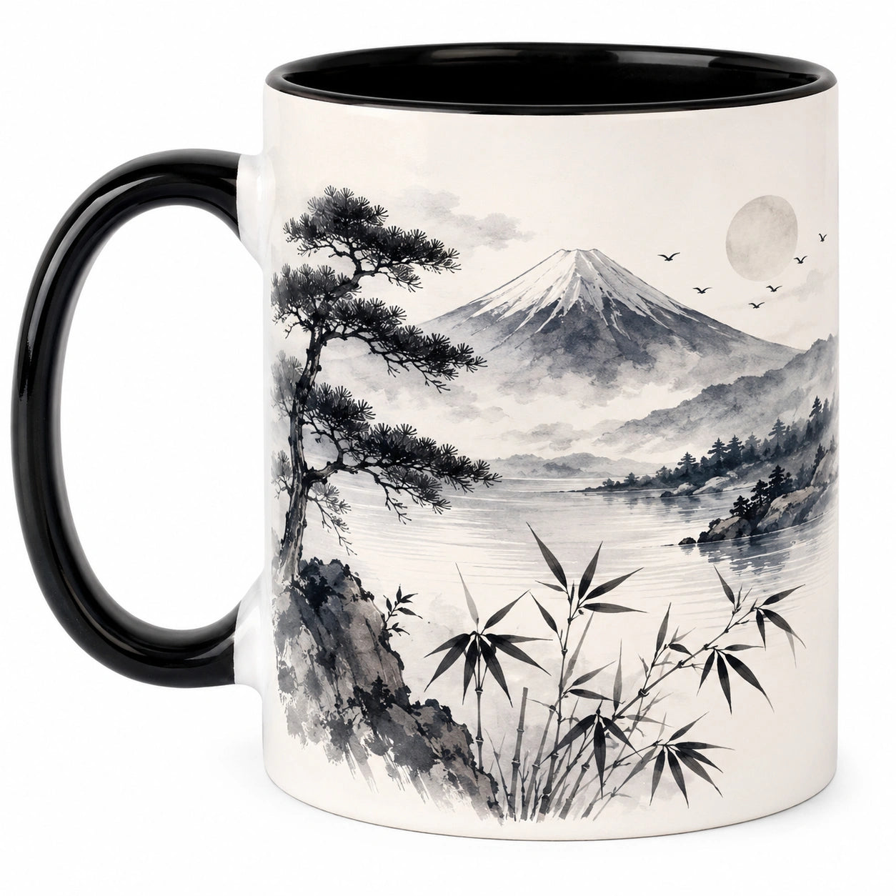 Tasse à motif paysage mont Fuji noir et blanc