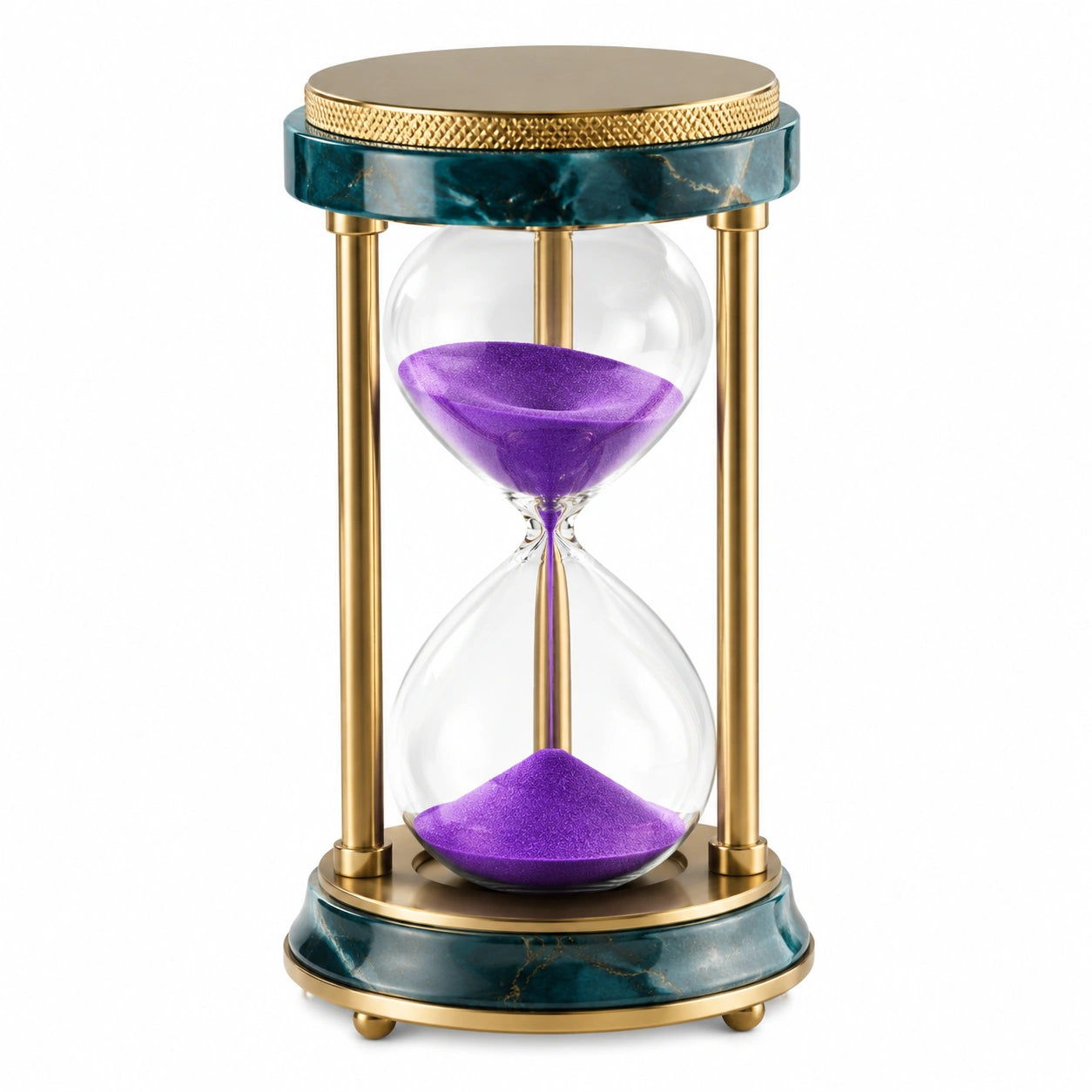 Sablier décoratif en métal doré avec sable violet