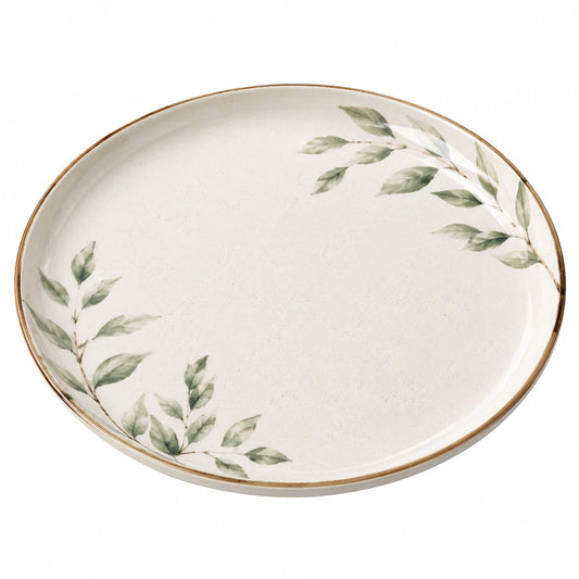 Assiette Ronde à Motif Feuilles 28cm Écru/Vert