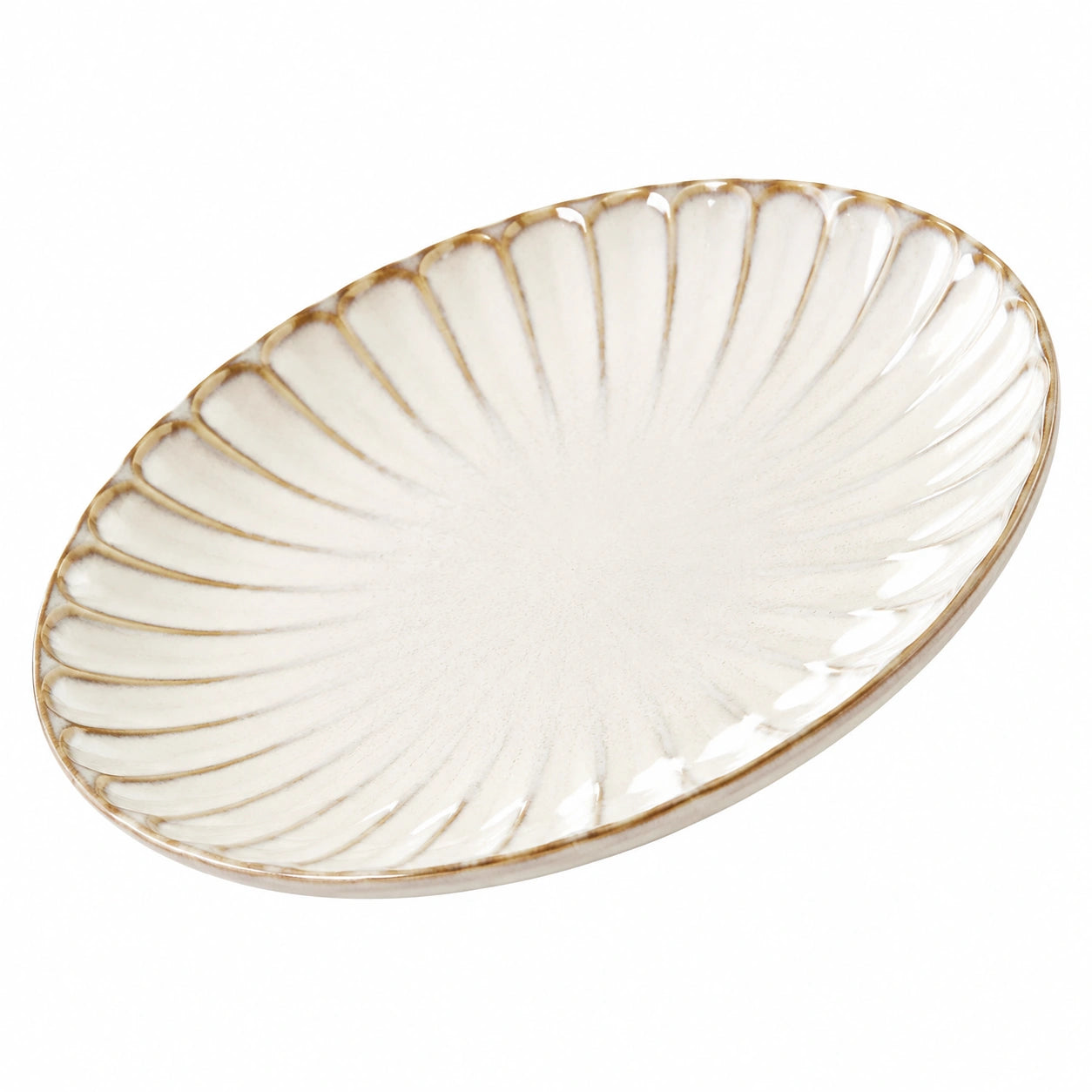 Assiette Ovale en Céramique Beige avec Motif Ondulé