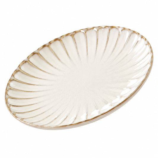 Assiette Ovale en Céramique Beige avec Motif Ondulé
