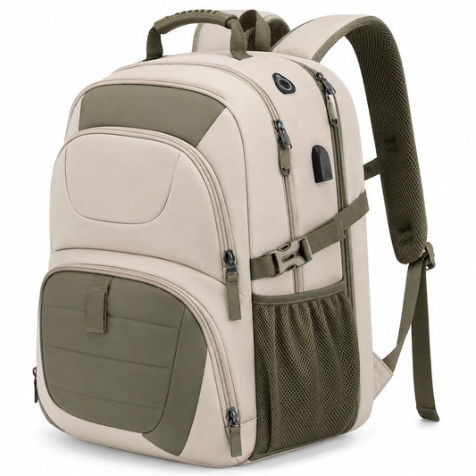 Sac à dos multi-compartiments avec port USB, beige et kaki