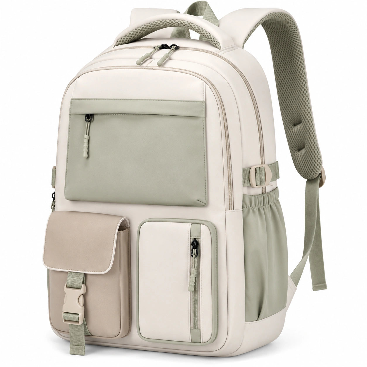 Sac à dos ergonomique beige et vert clair avec poches multiples