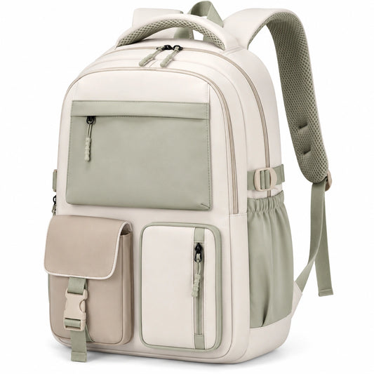 Sac à dos ergonomique beige et vert clair avec poches multiples