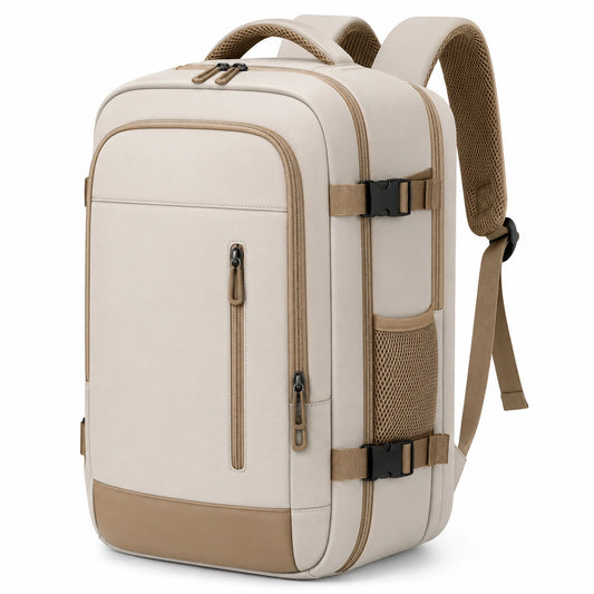 Sac à dos multifonction beige avec compartiments et fermetures éclair