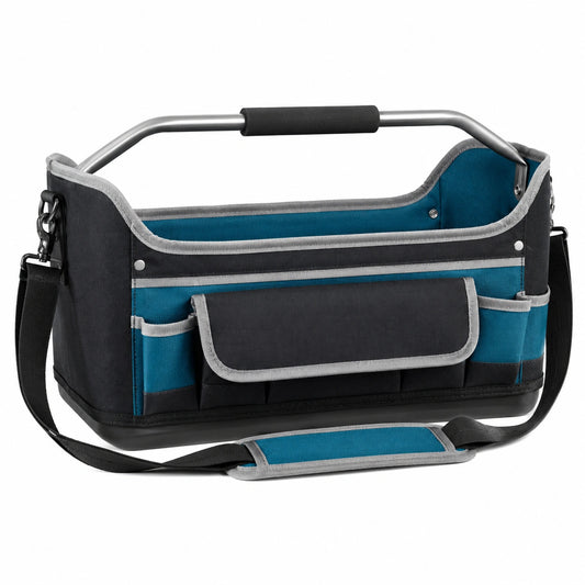 Sac à outils ouvert noir et bleu avec poignée et bandoulière