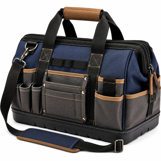 Grand sac à outils multifonction bleu, gris et marron avec bandoulière amovible