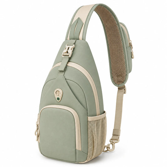 Sac en bandoulière ergonomique vert et beige 12L