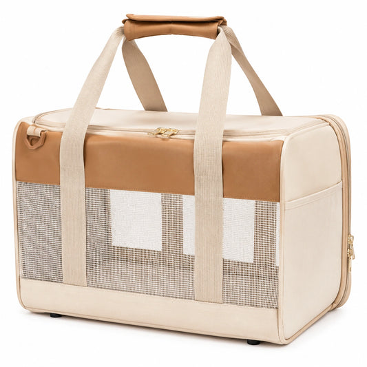 Sac de transport pour animaux beige et marron avec maillage respirant