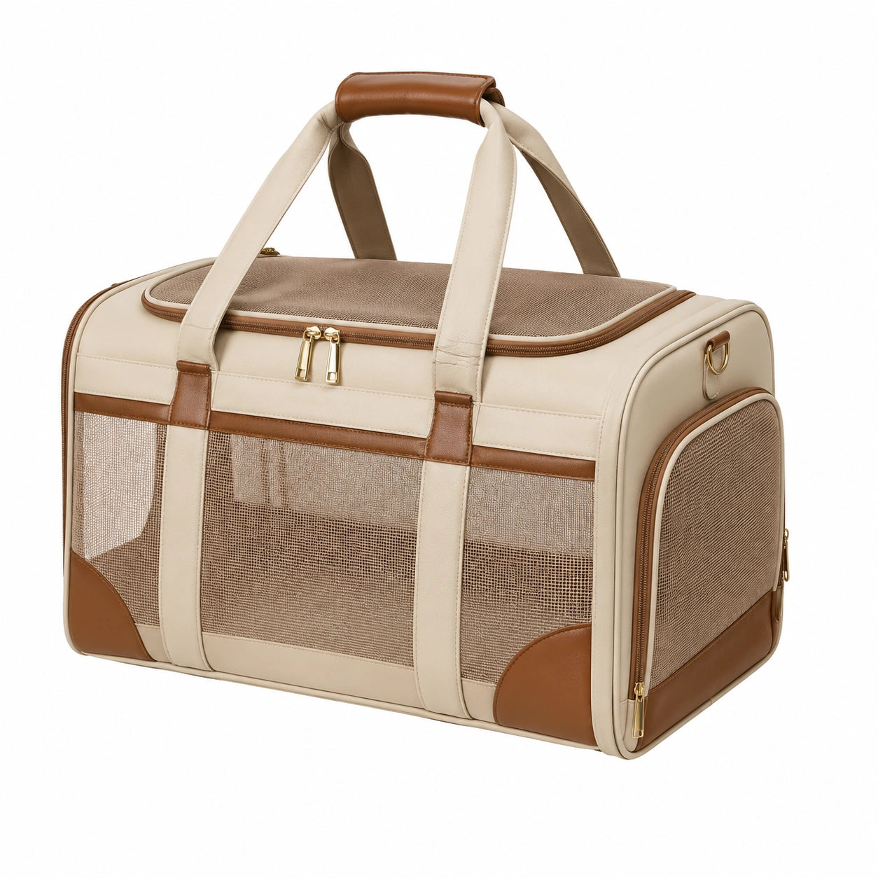 Sac de transport pour animaux de compagnie beige et marron avec ventilation