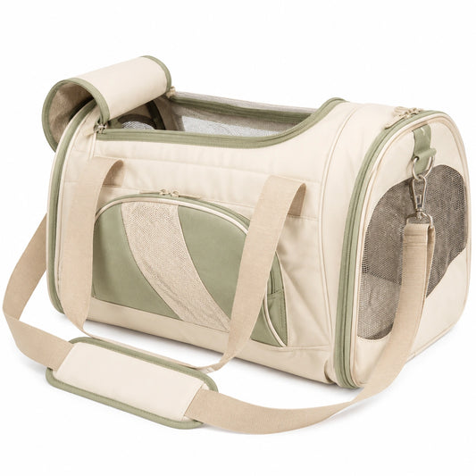 Sac de transport pour animaux, beige et vert, ventilation optimale