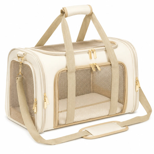 Sac de transport beige pour animaux de petite taille avec ventilation en maille