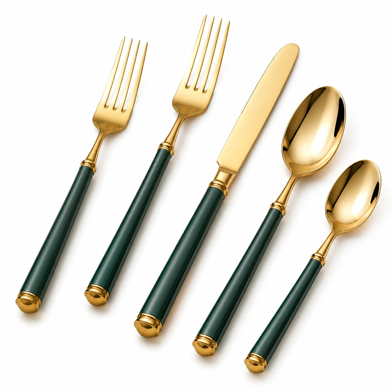 Ensemble de Couverts 5 Pièces Or et Vert