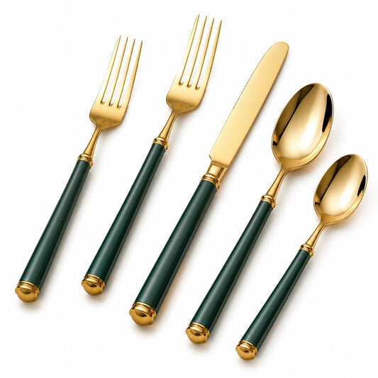 Ensemble de Couverts 5 Pièces Or et Vert