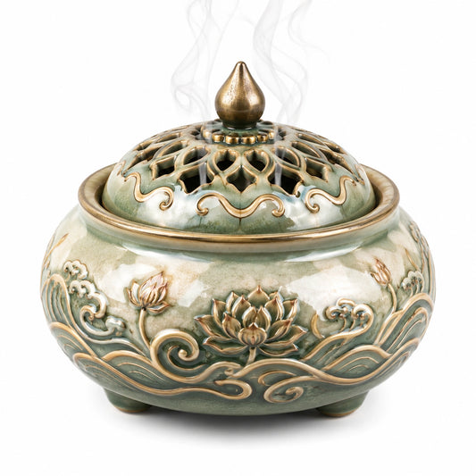 Brûleur d'encens en céramique lotus vert et doré