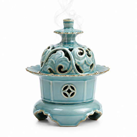 Brûleur d'encens en céramique bleu avec motifs floraux