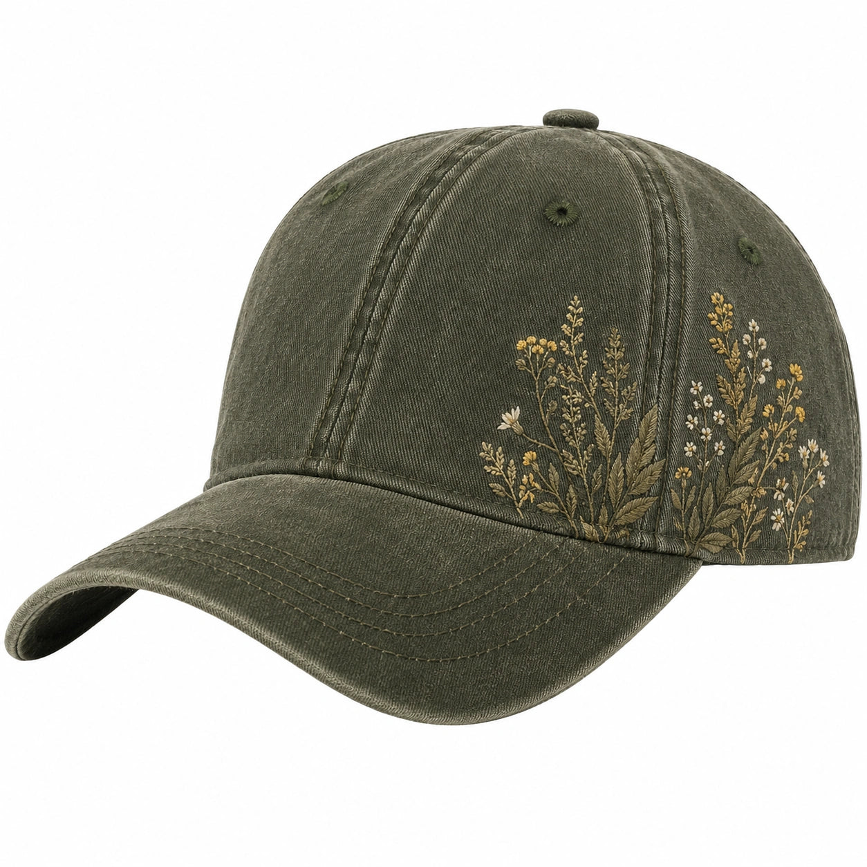 Casquette brodée fleurs ajustable vert olive
