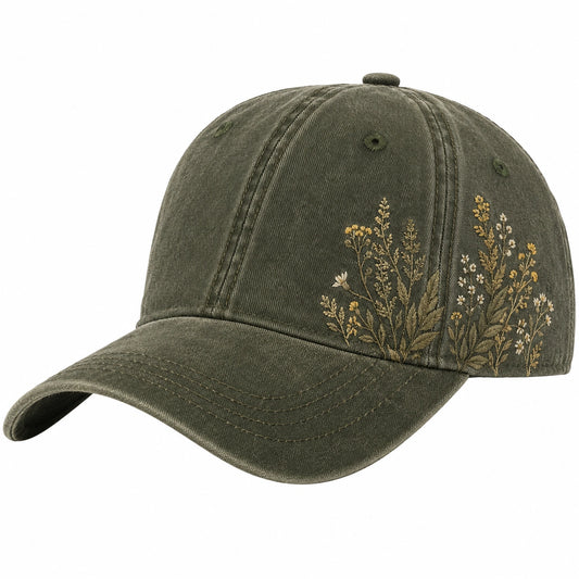 Casquette brodée fleurs ajustable vert olive