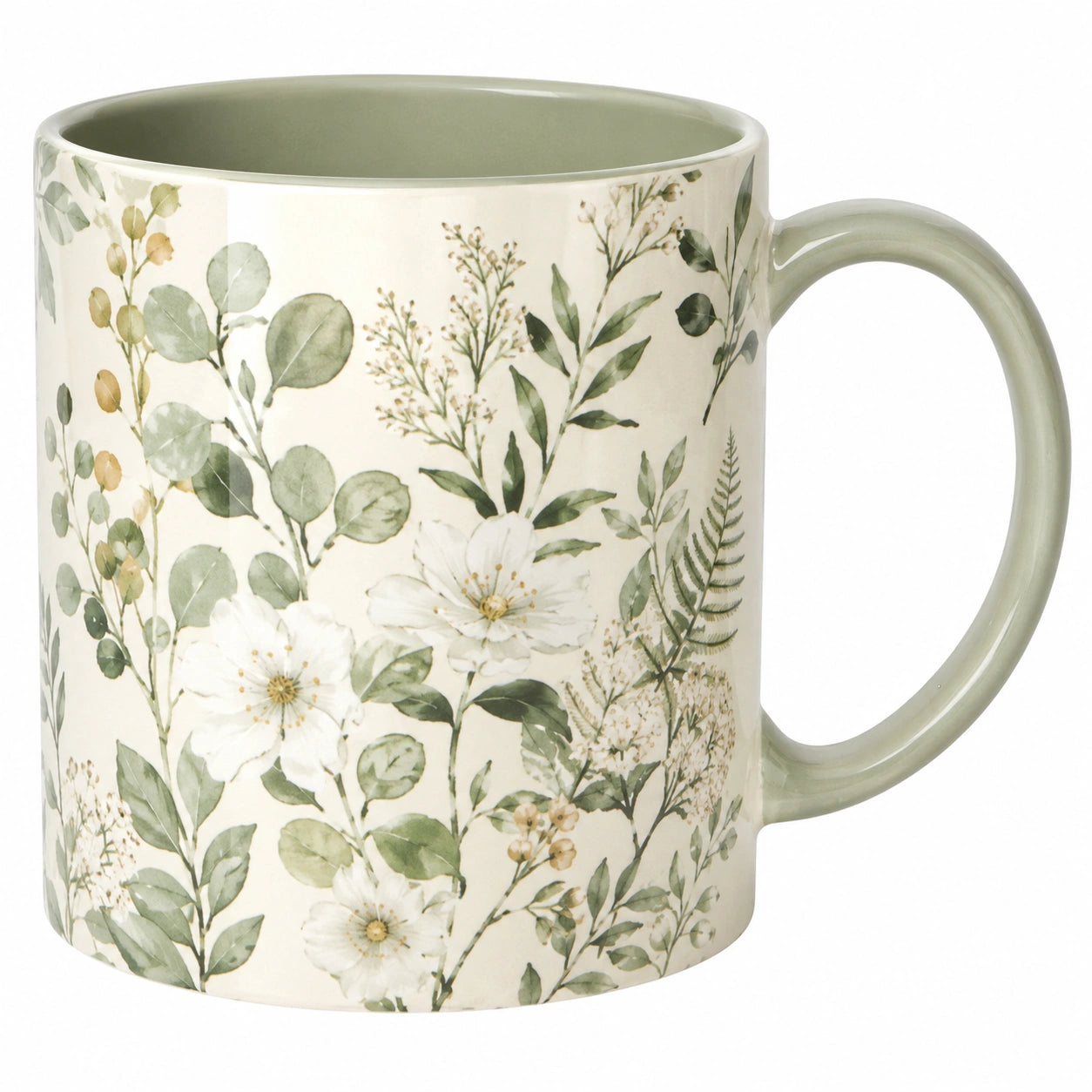 Tasse en Céramique à Motif Floral Vert et Blanc - 350 ml