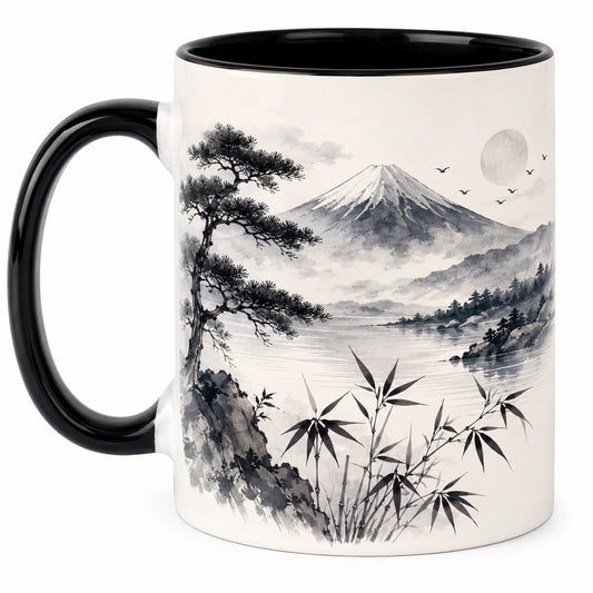 Tasse à motif paysage mont Fuji noir et blanc