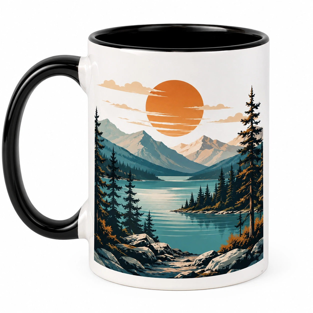 Tasse en céramique paysage montagne soleil couchant