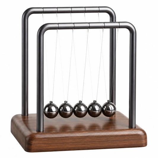 Pendule de Newton argenté et bois, démonstration physique