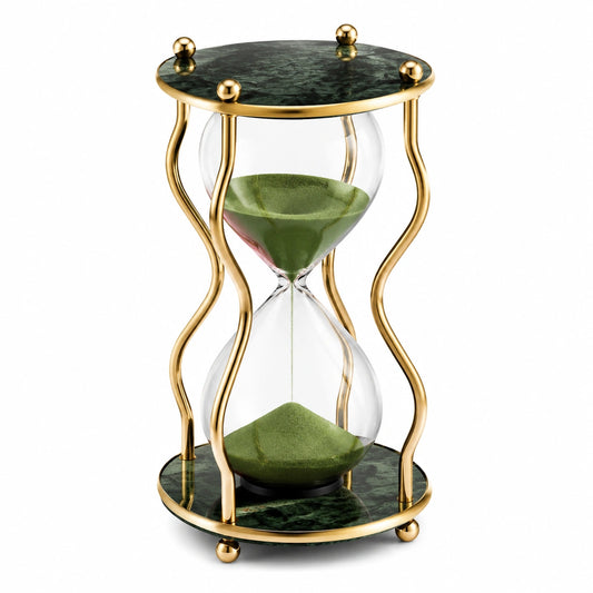 Sablier décoratif en verre avec cadre doré et socle en marbre vert